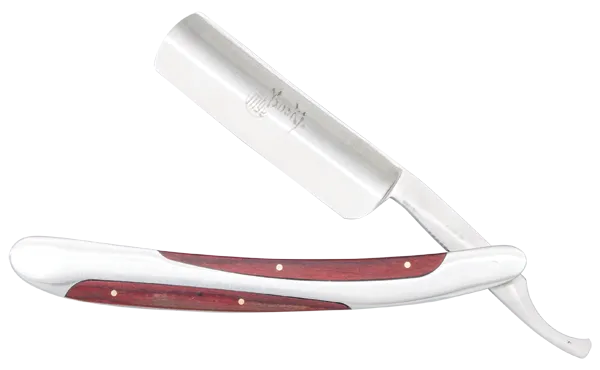Yanaki permanent blade straight razor in silver with a mahogany wood handle, set against a classic background.