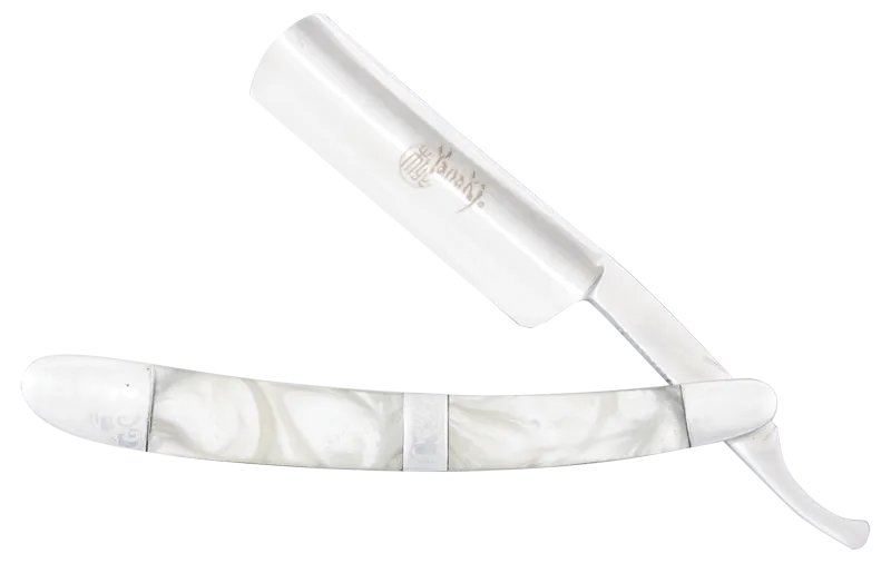 Yanaki Permanent Blade Straight Razor with white shell handle and wooden storage box