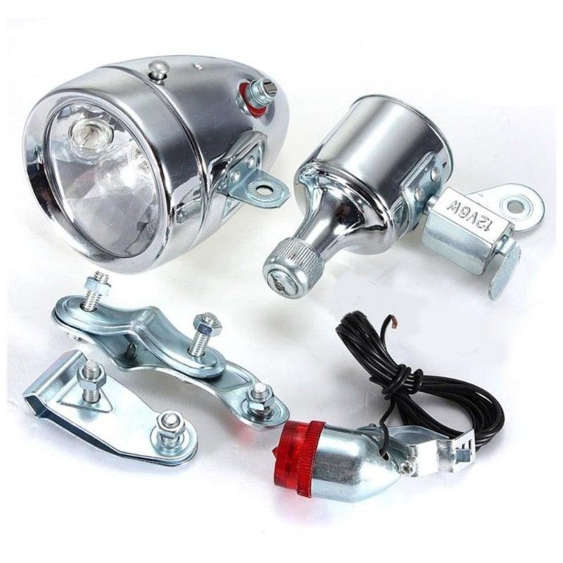 Vintage style silver and red friction generator bicycle headlight and tail light kit