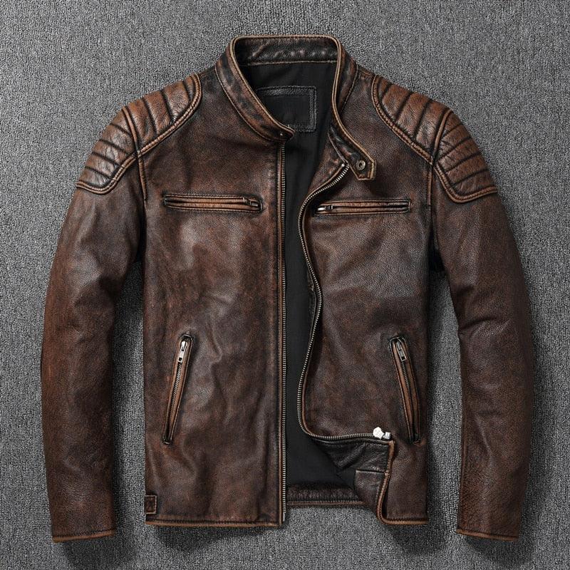 Men's vintage brown genuine leather biker jacket