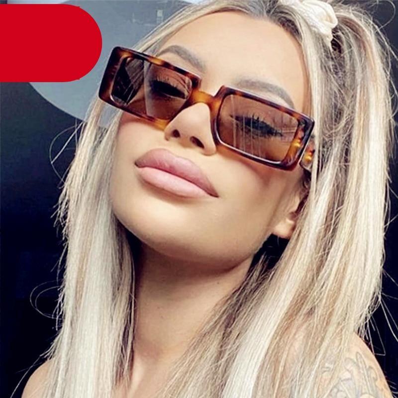 Small brown rectangle frame retro sunglasses for women.