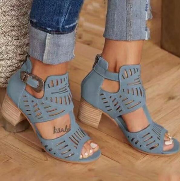 Women's Hollow Out Mid Heel Sandals Lace-Up Peep Toe Slip-On Shoes