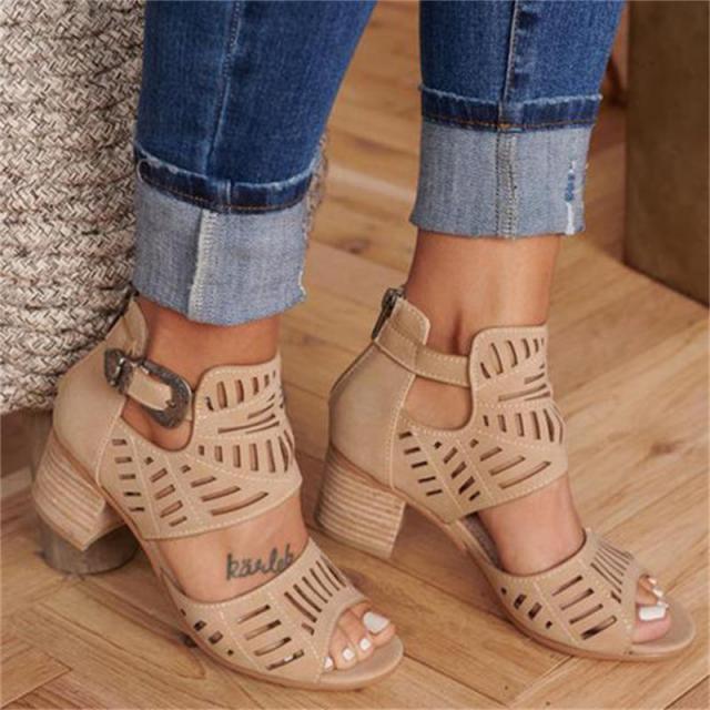 Women's Hollow Out Mid Heel Sandals Lace-Up Peep Toe Slip-On Shoes