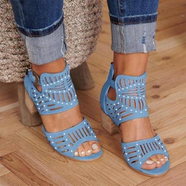 Women's Hollow Out Mid Heel Sandals Lace-Up Peep Toe Slip-On Shoes