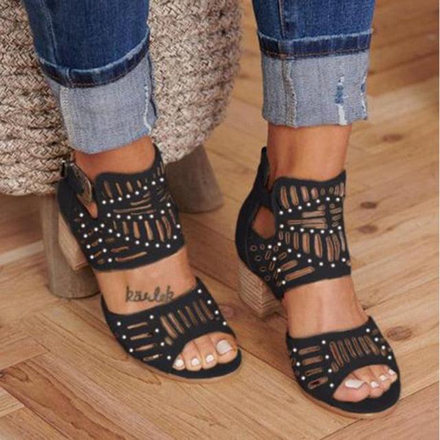 Women's Hollow Out Mid Heel Sandals Lace-Up Peep Toe Slip-On Shoes