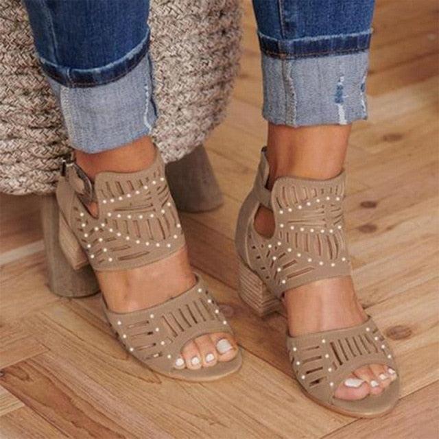 Women's Hollow Out Mid Heel Sandals Lace-Up Peep Toe Slip-On Shoes
