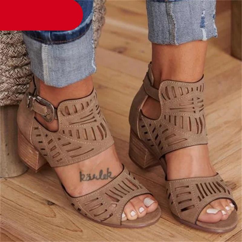 Elegant women's hollow-out lace-up mid-heel sandals in an open-toe design for summer wear