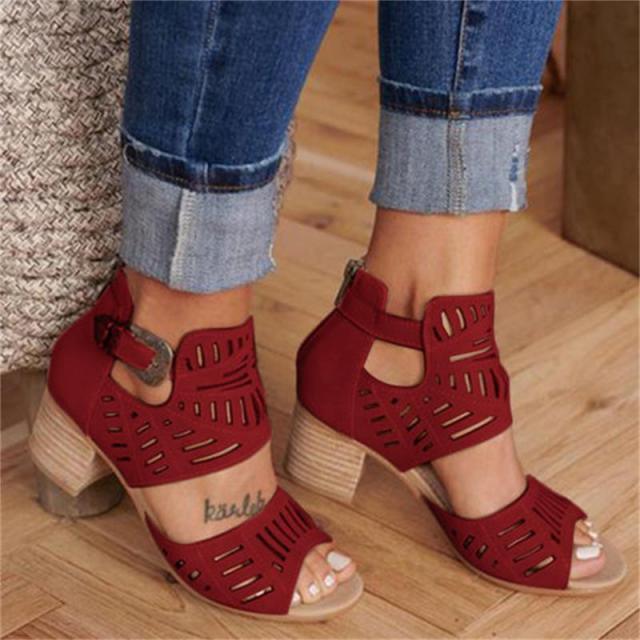 Women's Hollow Out Mid Heel Sandals Lace-Up Peep Toe Slip-On Shoes