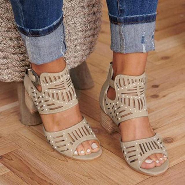 Women's Hollow Out Mid Heel Sandals Lace-Up Peep Toe Slip-On Shoes