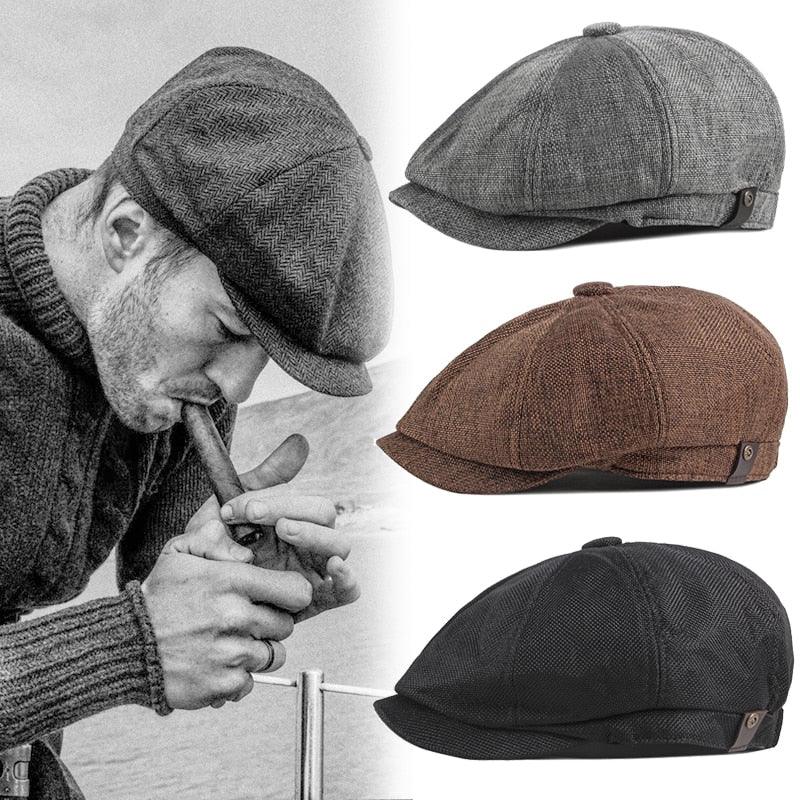 A classic vintage-style men's cotton flat cap in a neutral tone, suitable for autumn and winter.