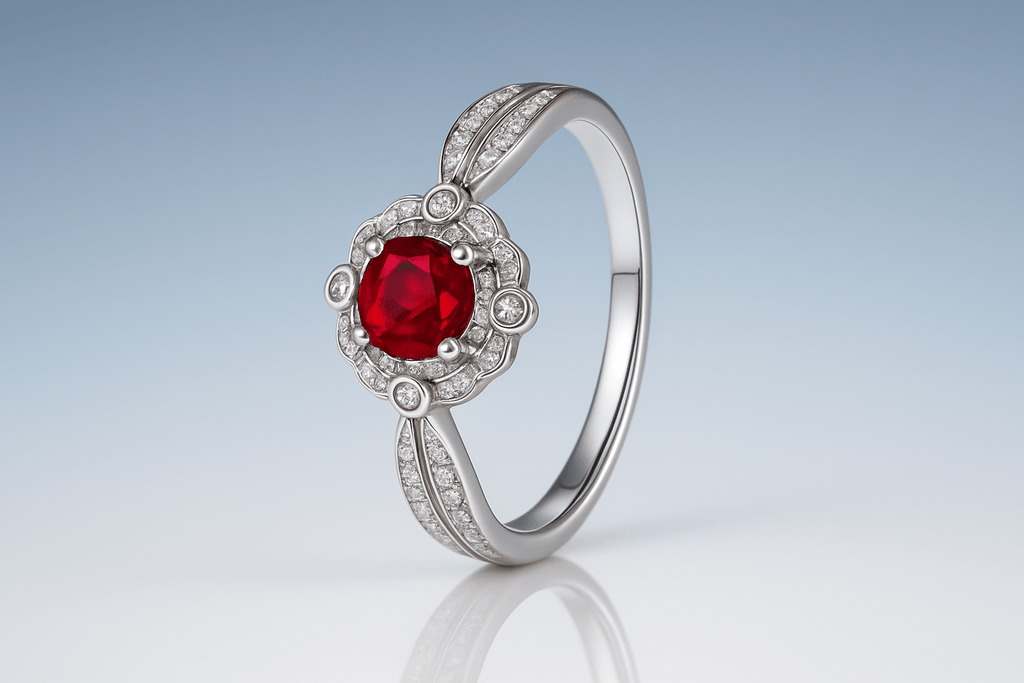 Vintage Ruby & CZ Removable Head Ring - 925 Sterling Silver Rhodium Plated