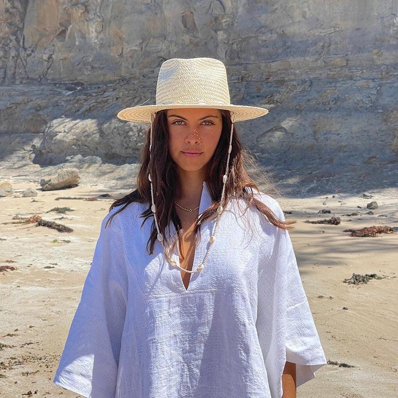 Beaded Seashell Straw Fedora – Bohemian Coastal Summer Hat