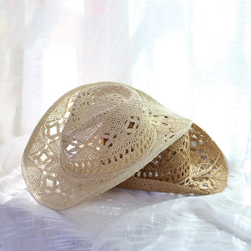 Cream straw cowboy-style sun hat for beach and outdoor use