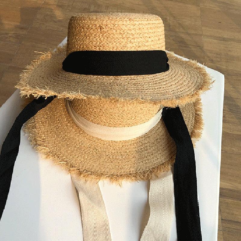 Vintage Straw Wide Brim Sun Hat with Black and White Bowknot