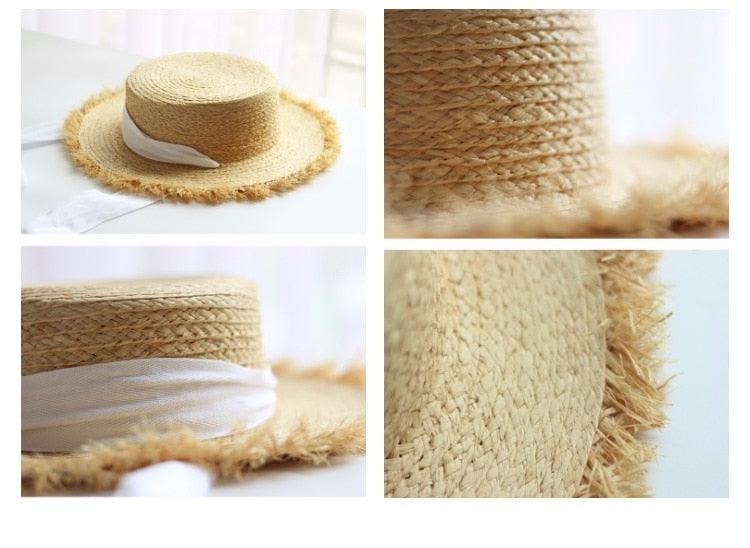 Vintage Straw Wide Brim Sun Hat with Black and White Bowknot