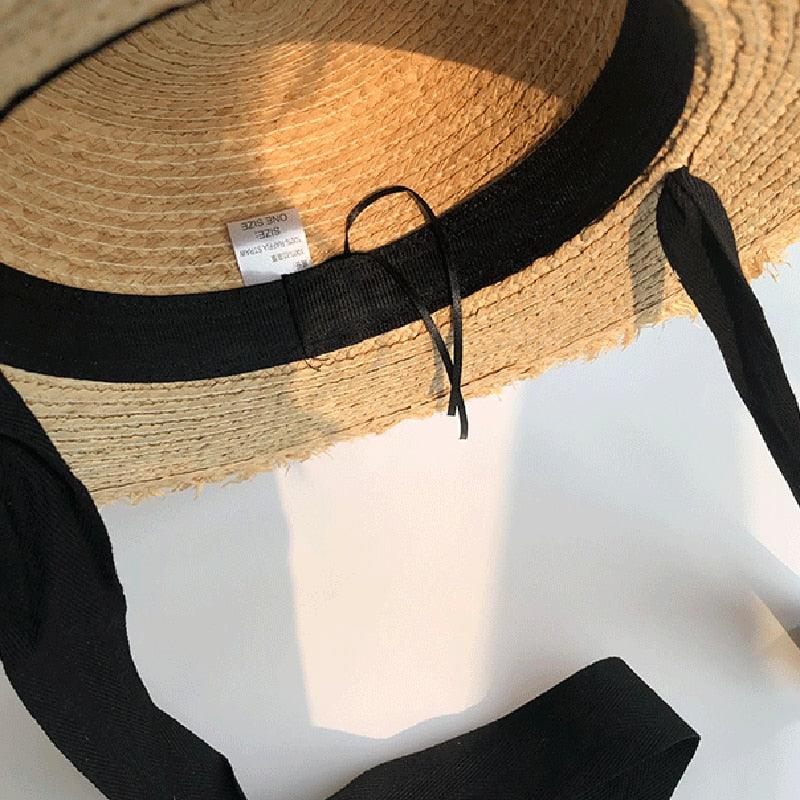 Vintage Straw Wide Brim Sun Hat with Black and White Bowknot