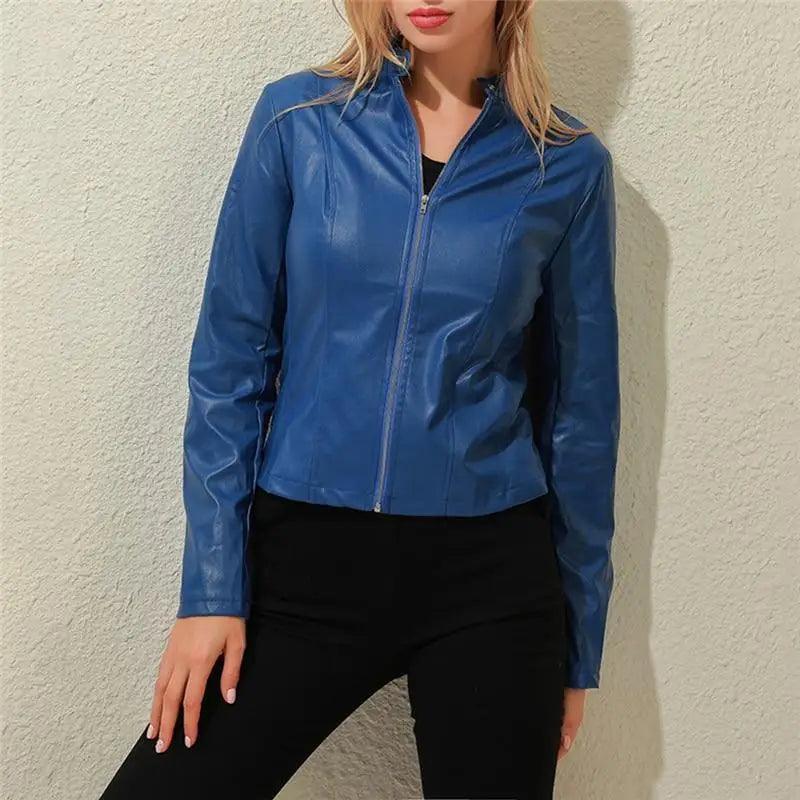 Women's Faux Leather Moto Jacket Slim Fit Stand Collar Biker Coat