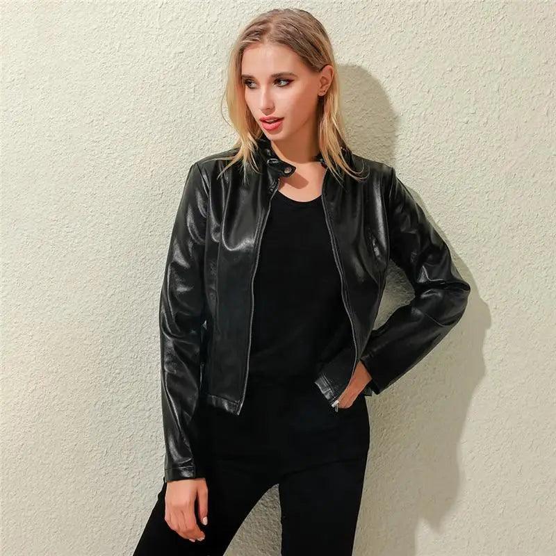 Women's Faux Leather Moto Jacket Slim Fit Stand Collar Biker Coat