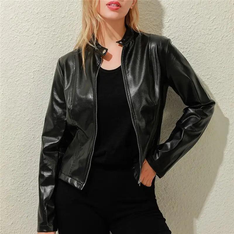 Women's Faux Leather Moto Jacket Slim Fit Stand Collar Biker Coat