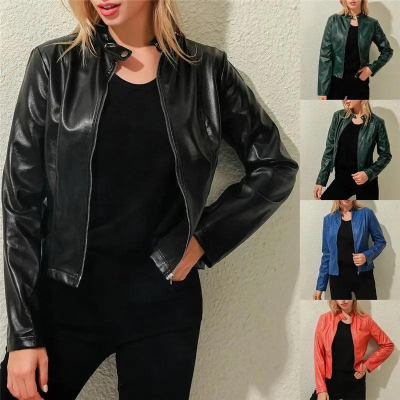 Women's Faux Leather Moto Jacket Slim Fit Stand Collar Biker Coat