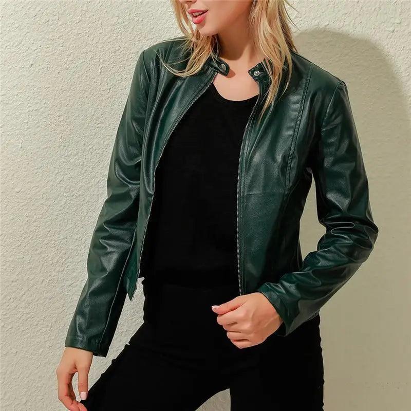 Women's Faux Leather Moto Jacket Slim Fit Stand Collar Biker Coat