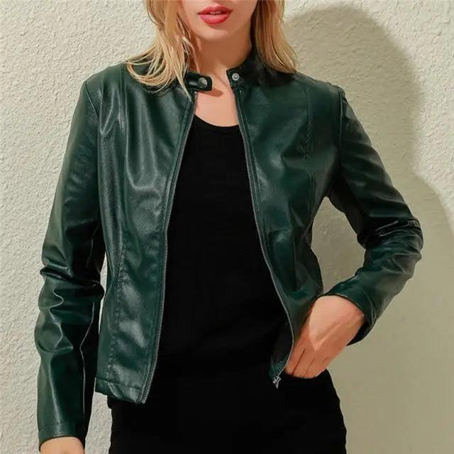 Women's Faux Leather Moto Jacket Slim Fit Stand Collar Biker Coat
