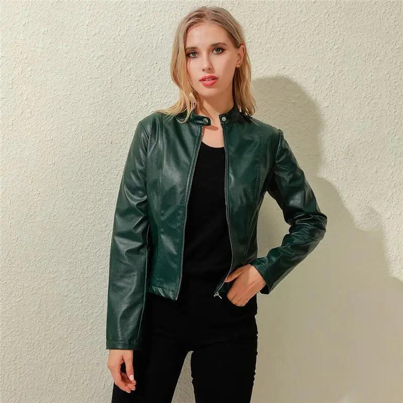 Women's Faux Leather Moto Jacket Slim Fit Stand Collar Biker Coat