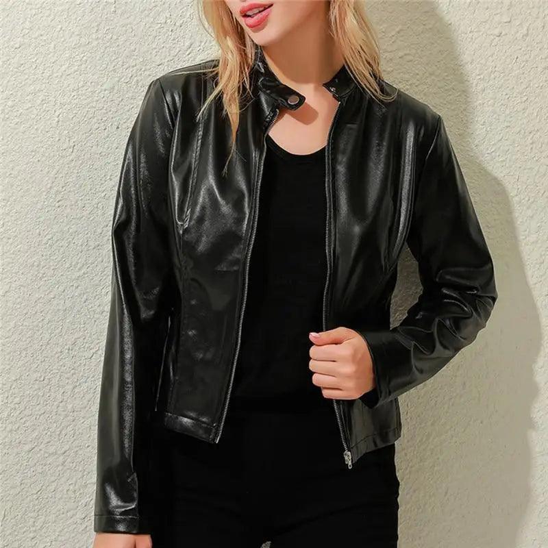 Women's Faux Leather Moto Jacket Slim Fit Stand Collar Biker Coat