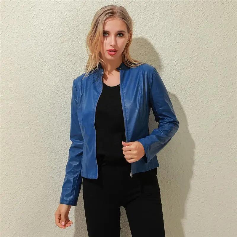 Women's Faux Leather Moto Jacket Slim Fit Stand Collar Biker Coat