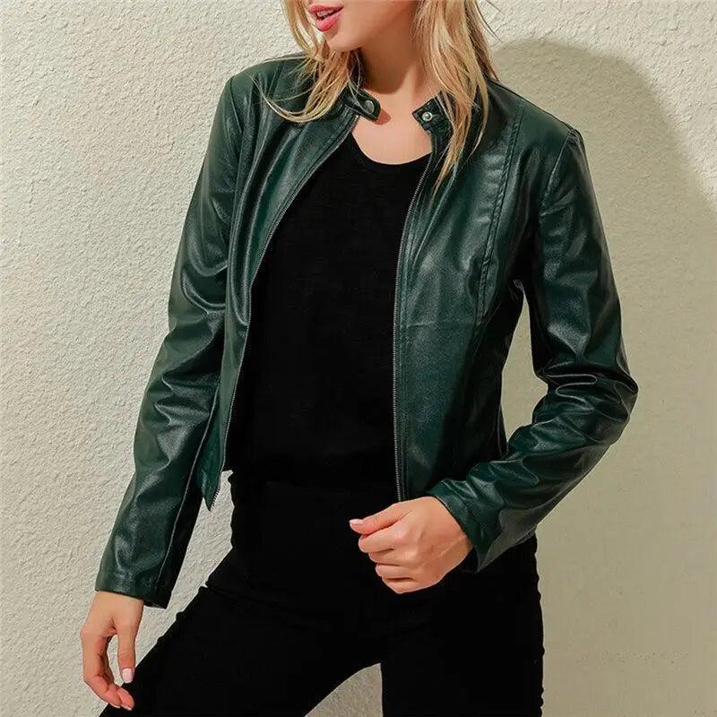 Women's Faux Leather Moto Jacket Slim Fit Stand Collar Biker Coat