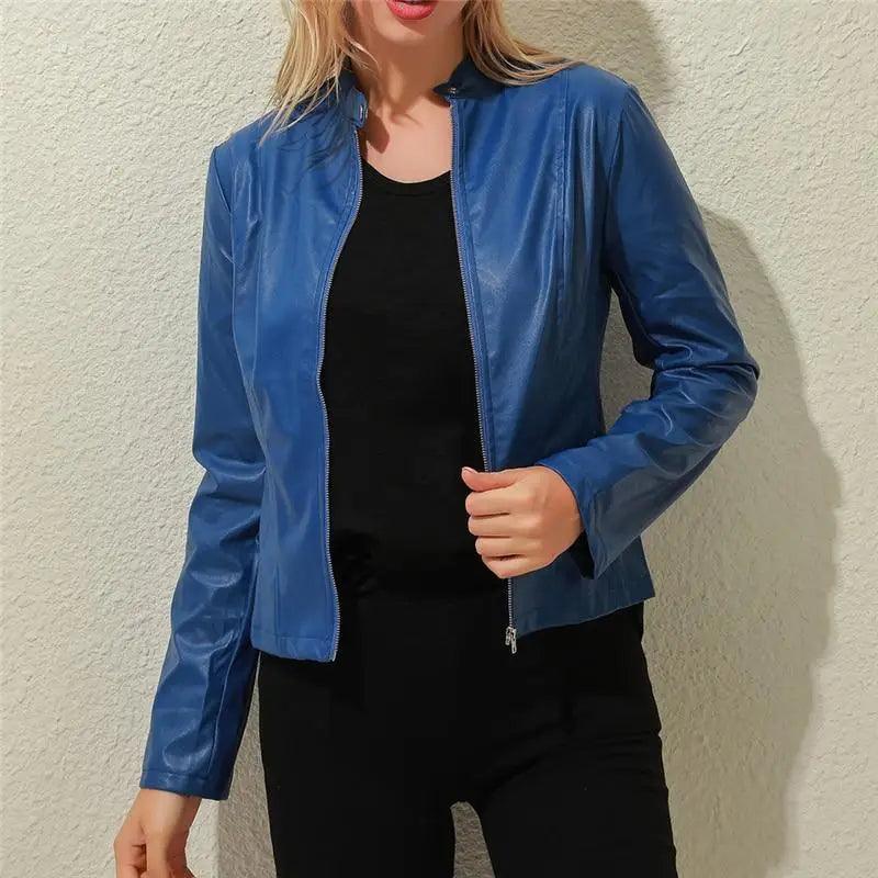 Women's Faux Leather Moto Jacket Slim Fit Stand Collar Biker Coat