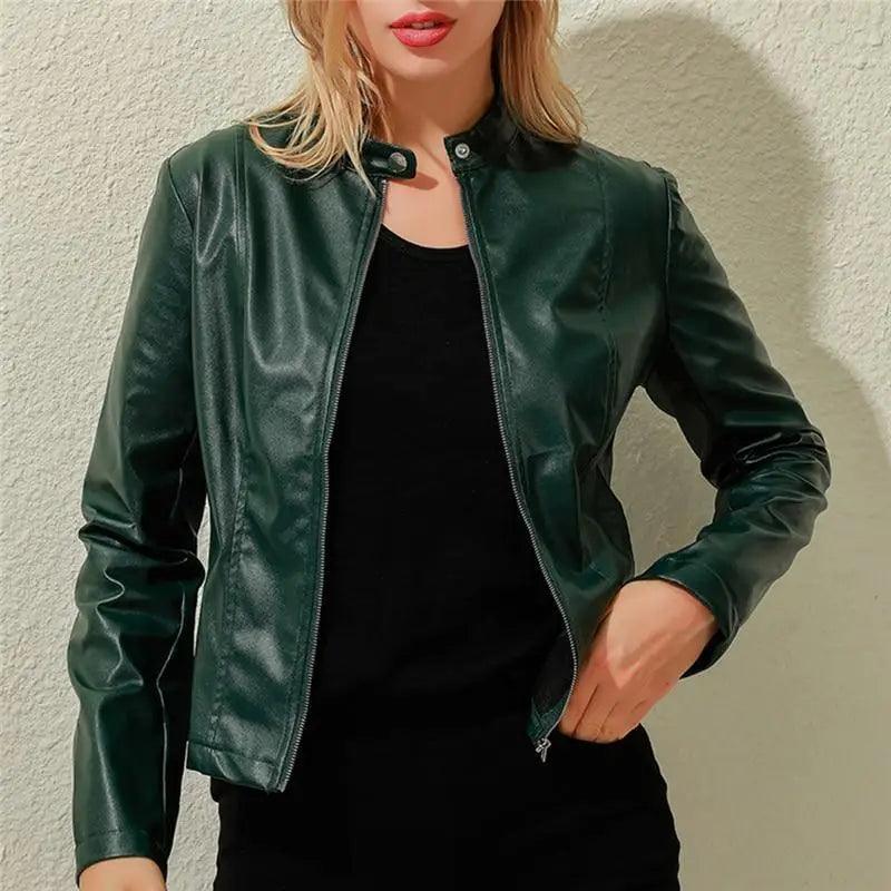 Women's Faux Leather Moto Jacket Slim Fit Stand Collar Biker Coat