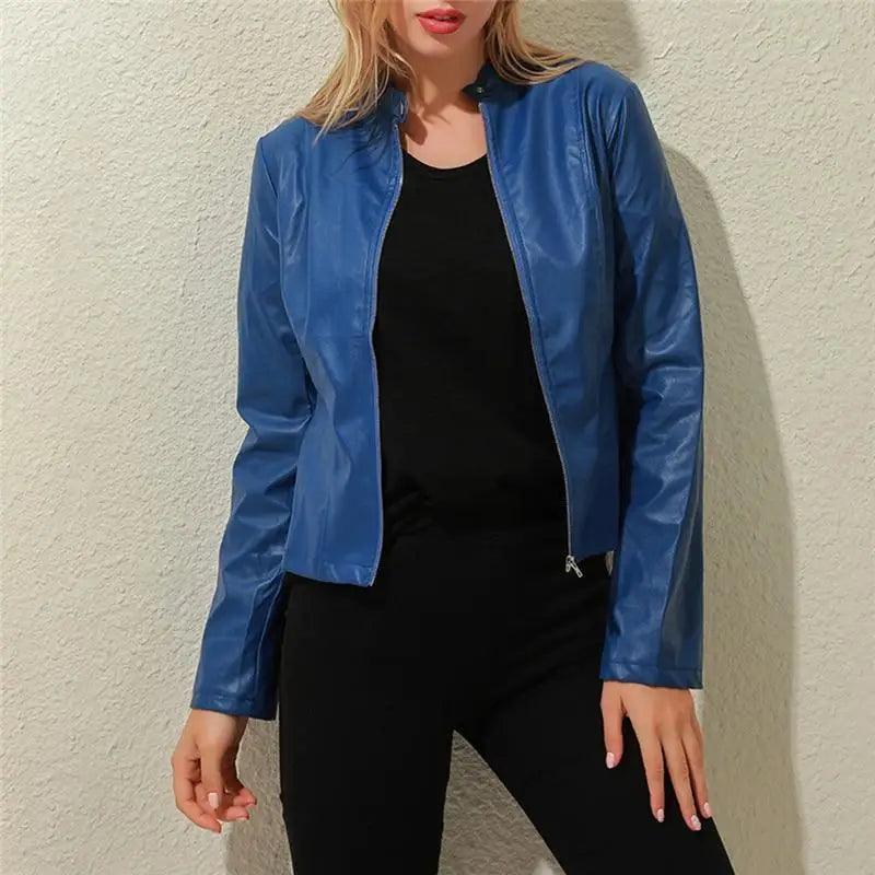 Women's Faux Leather Moto Jacket Slim Fit Stand Collar Biker Coat