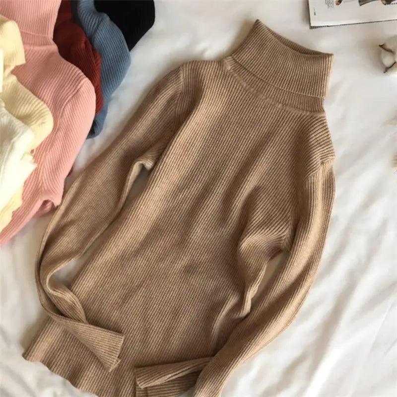 Women's Ribbed Turtleneck Pullover Sweater - Thick Knit Winter Jumper