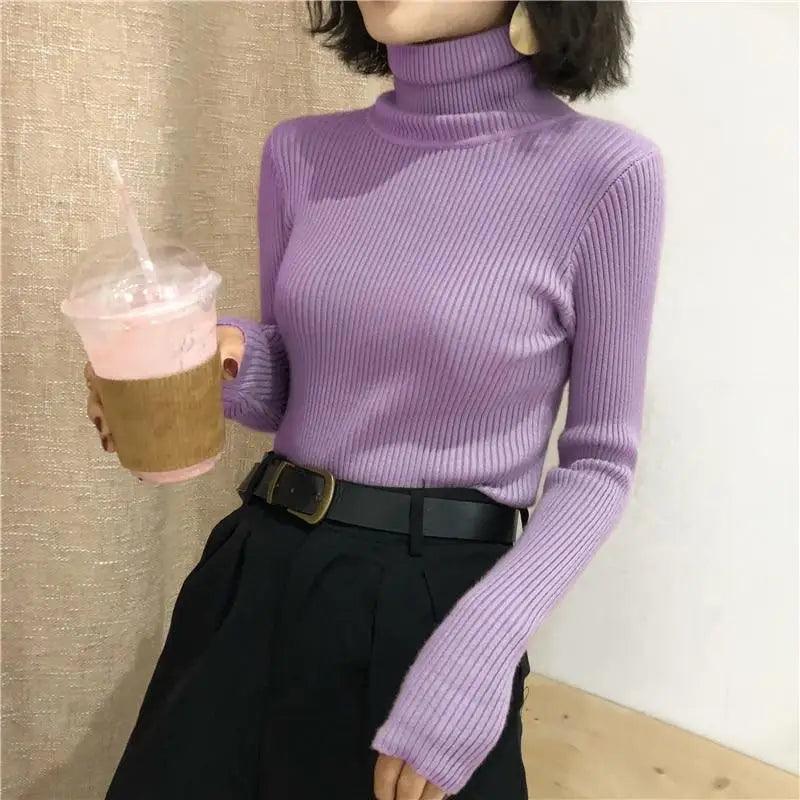 Women's Ribbed Turtleneck Pullover Sweater - Thick Knit Winter Jumper