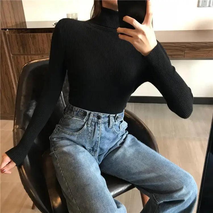 Women's Ribbed Turtleneck Pullover Sweater - Thick Knit Winter Jumper
