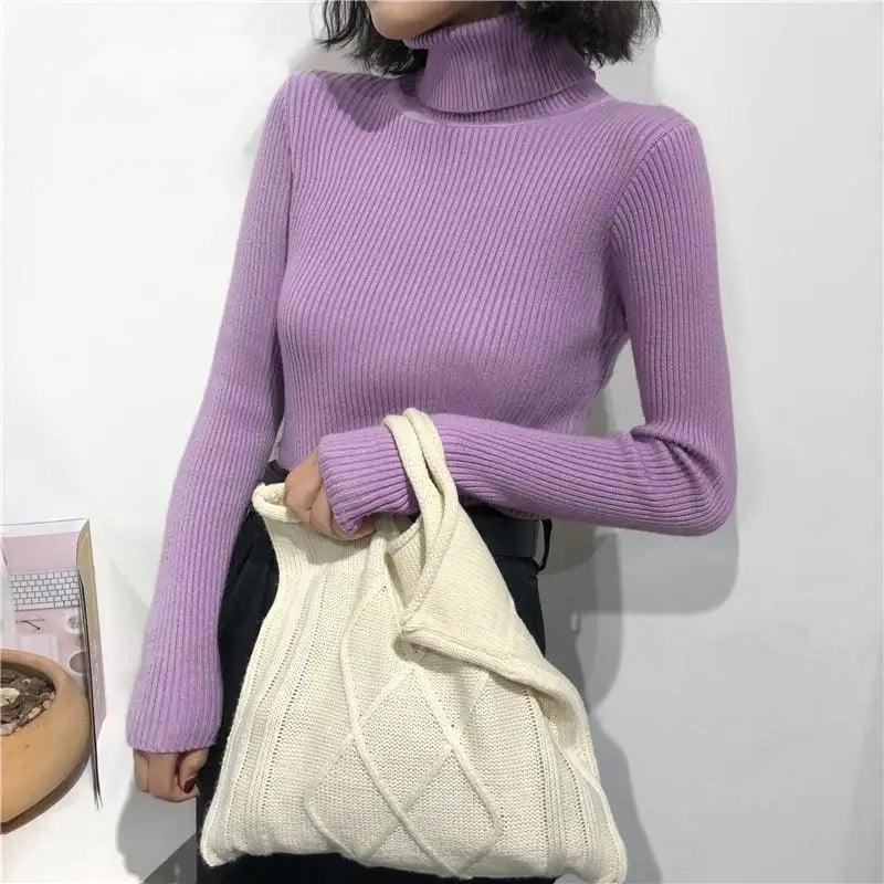 Women's Ribbed Turtleneck Pullover Sweater - Thick Knit Winter Jumper