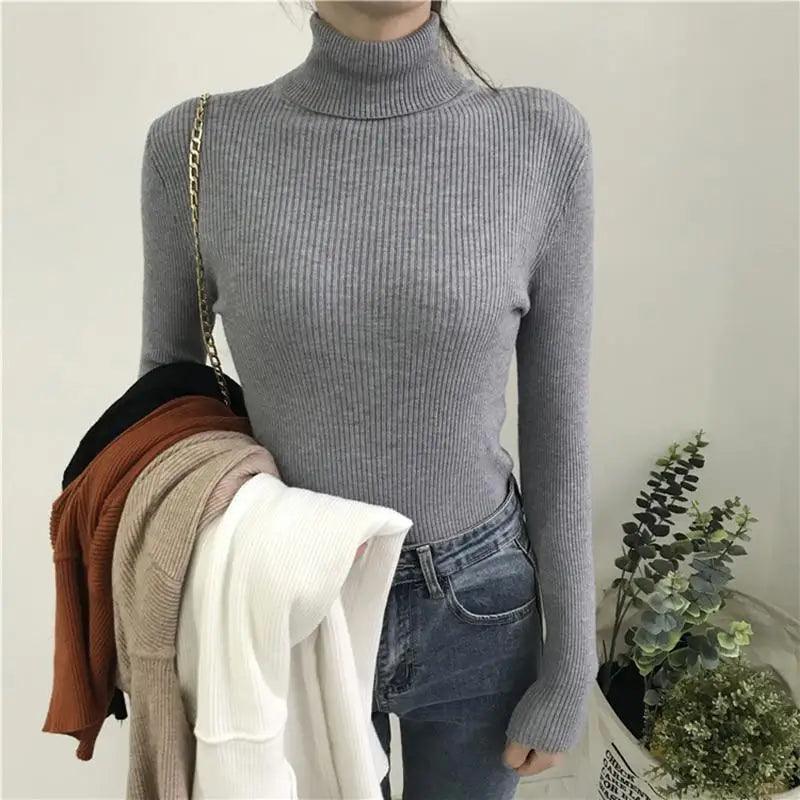 Women's Ribbed Turtleneck Pullover Sweater - Thick Knit Winter Jumper