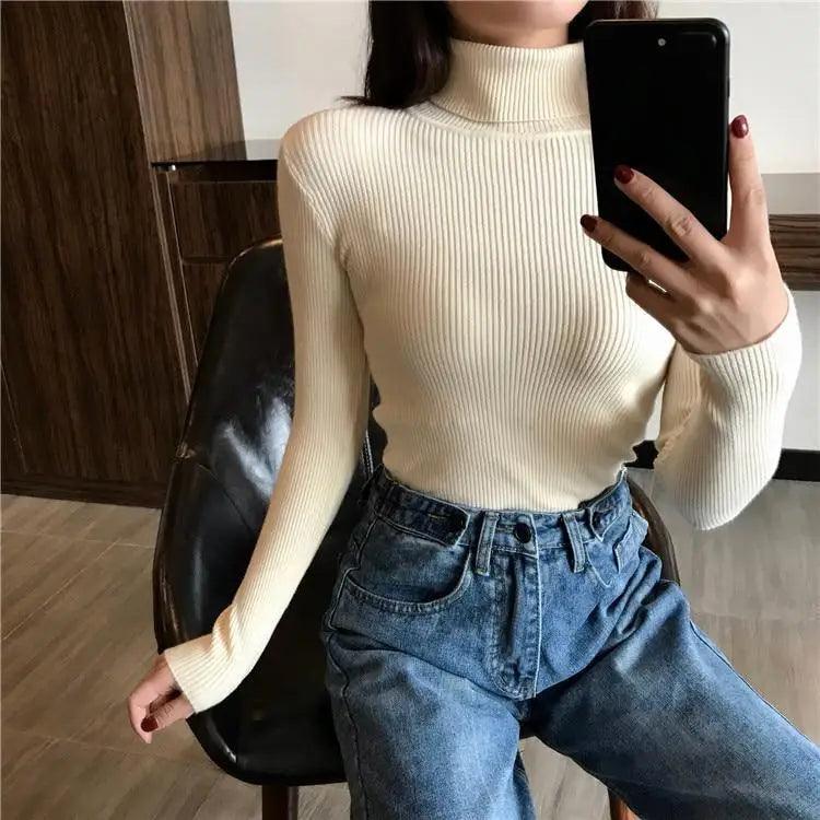 Women's Ribbed Turtleneck Pullover Sweater - Thick Knit Winter Jumper