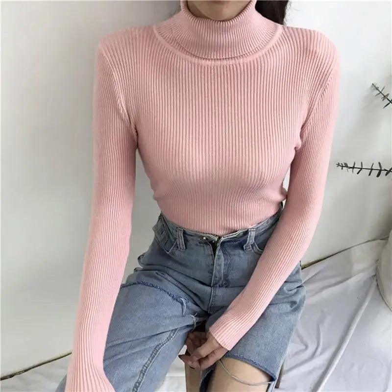 Women's Ribbed Turtleneck Pullover Sweater - Thick Knit Winter Jumper