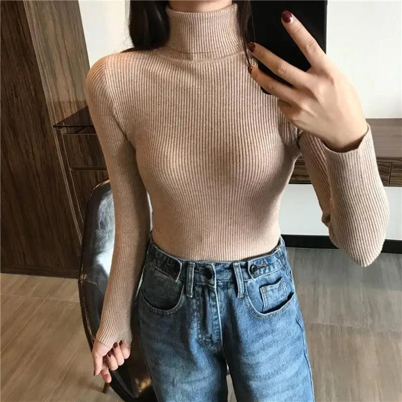Women's Ribbed Turtleneck Pullover Sweater - Thick Knit Winter Jumper