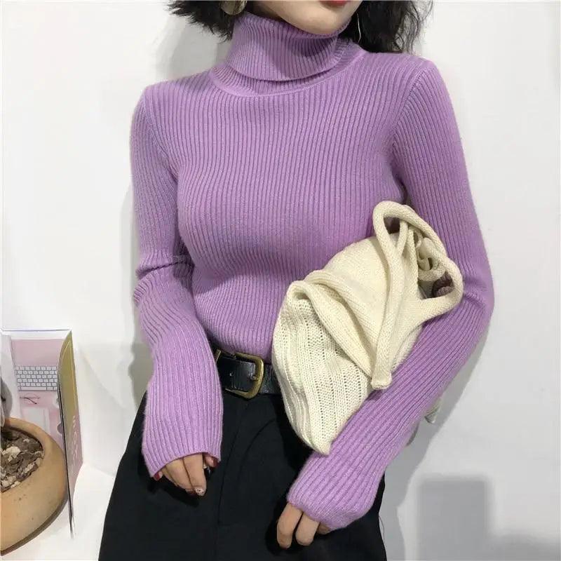 Women's Ribbed Turtleneck Pullover Sweater - Thick Knit Winter Jumper