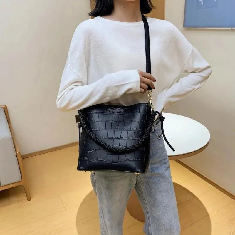 Vintage Stone Pattern Bucket Shoulder Bag for Women Fashion Handbag