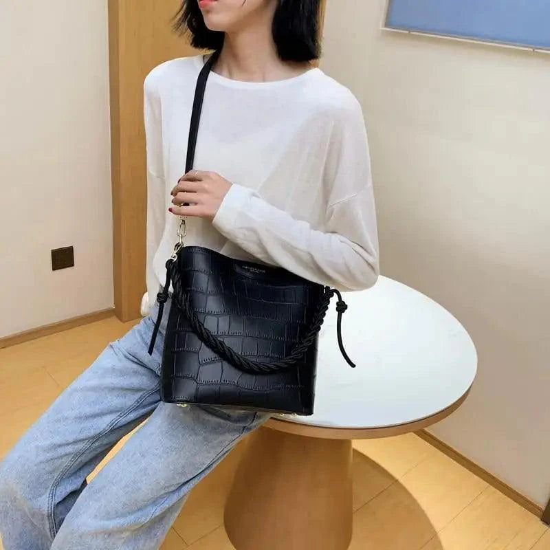 Vintage Stone Pattern Bucket Shoulder Bag for Women Fashion Handbag