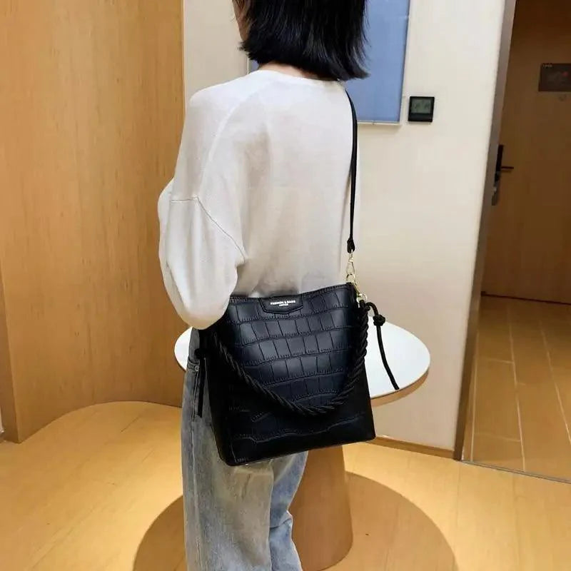 Vintage Stone Pattern Bucket Shoulder Bag for Women Fashion Handbag