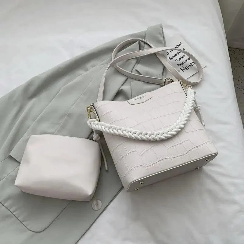 Vintage Stone Pattern Bucket Shoulder Bag for Women Fashion Handbag