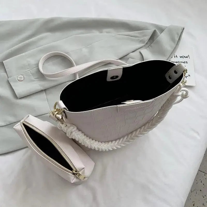 Vintage Stone Pattern Bucket Shoulder Bag for Women Fashion Handbag