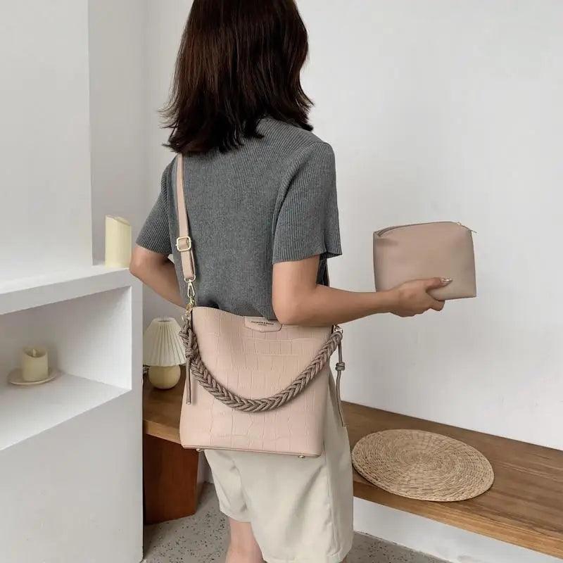 Vintage Stone Pattern Bucket Shoulder Bag for Women Fashion Handbag