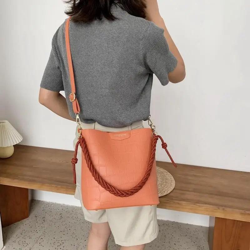 Vintage Stone Pattern Bucket Shoulder Bag for Women Fashion Handbag