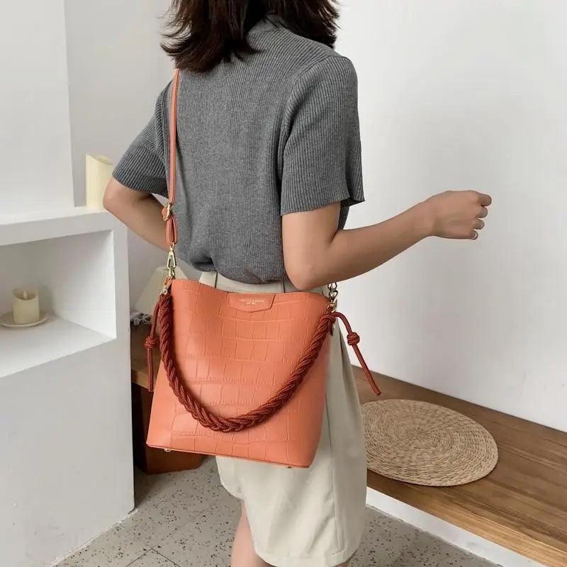 Vintage Stone Pattern Bucket Shoulder Bag for Women Fashion Handbag